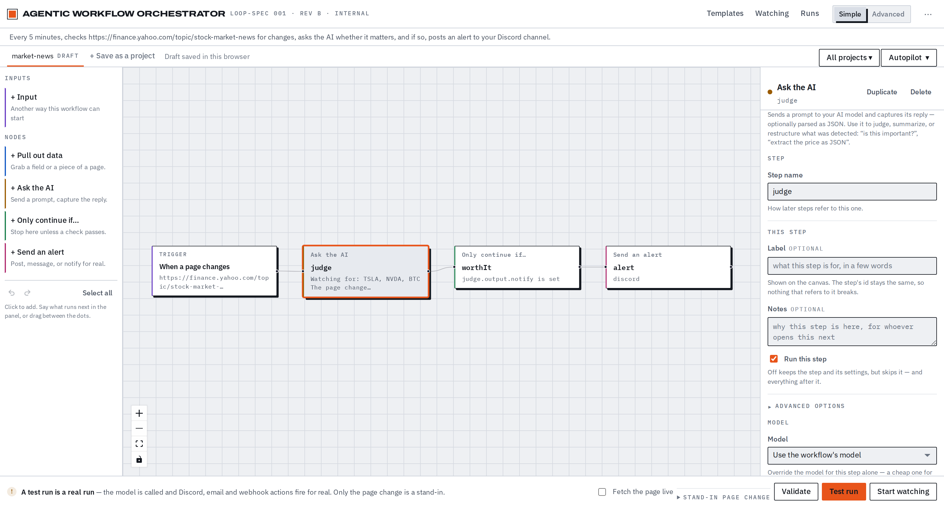 The AWO Studio: step types down the left, a four-step workflow on the graph-paper canvas — watch a page, ask the AI, only continue if, send an alert — and the selected step's settings on the right.